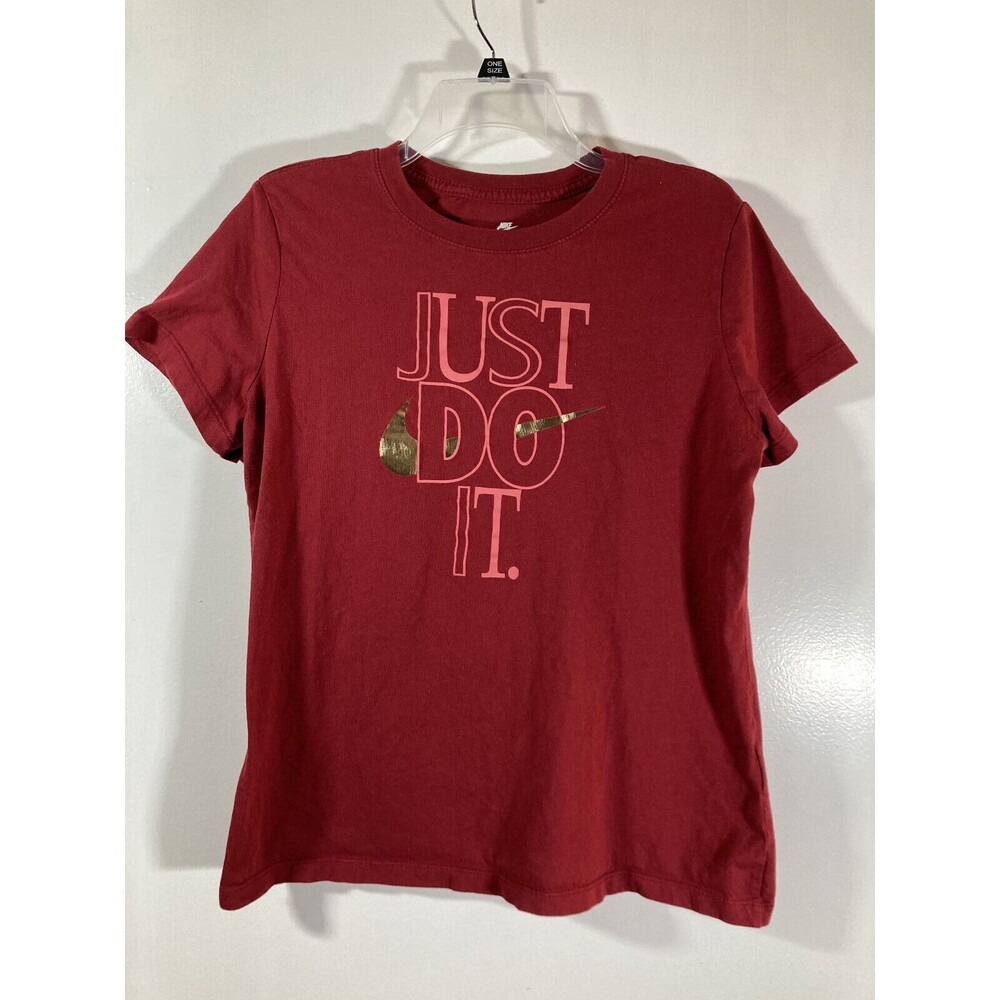 The NIKE Tee Women's Athletic Cut Sz (Large) T-Shirt • Gold Swoosh • Burgundy •